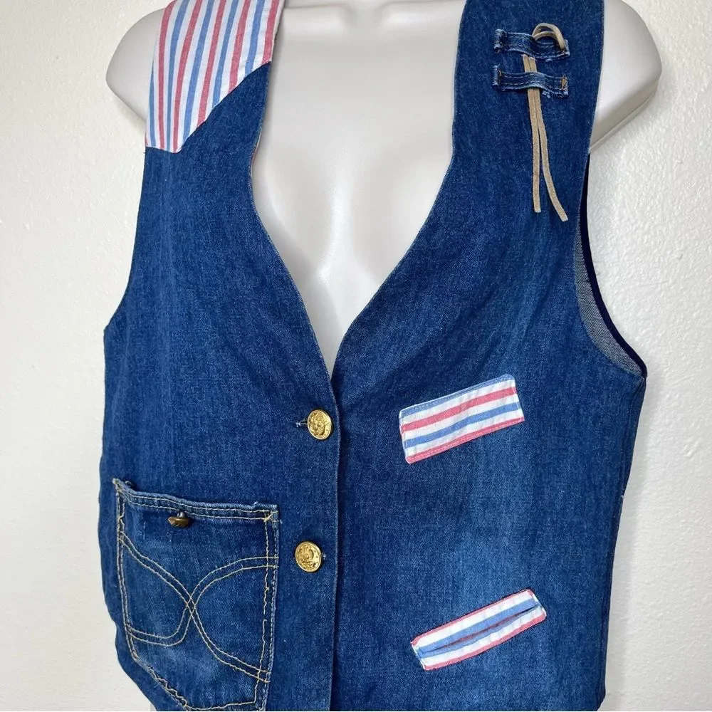 Vintage Handmade Blue Denim Western Two Button Vest Stripe Contrast Women Medium
